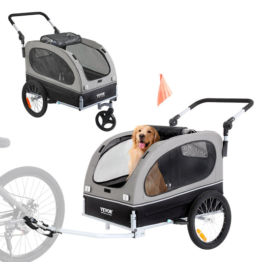 Hundcykelvagn, Stöder upp till 88 lbs, 2-i-1 Pet Stroller Cart Cykelhållare, Enkel hopfällbar vagnram med snabbkopplingshjul, Universal Cykelkoppling, Reflexer, Flagga, Svart/Grå
