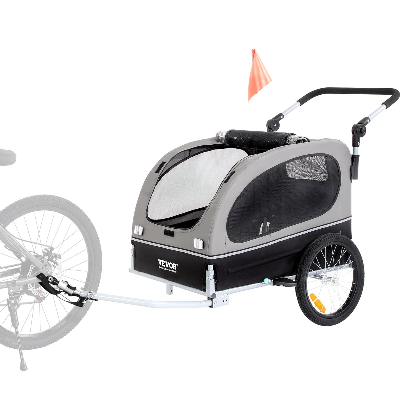 Hundcykelvagn, Stöder upp till 88 lbs, 2-i-1 Pet Stroller Cart Cykelhållare, Enkel hopfällbar vagnram med snabbkopplingshjul, Universal Cykelkoppling, Reflexer, Flagga, Svart/Grå