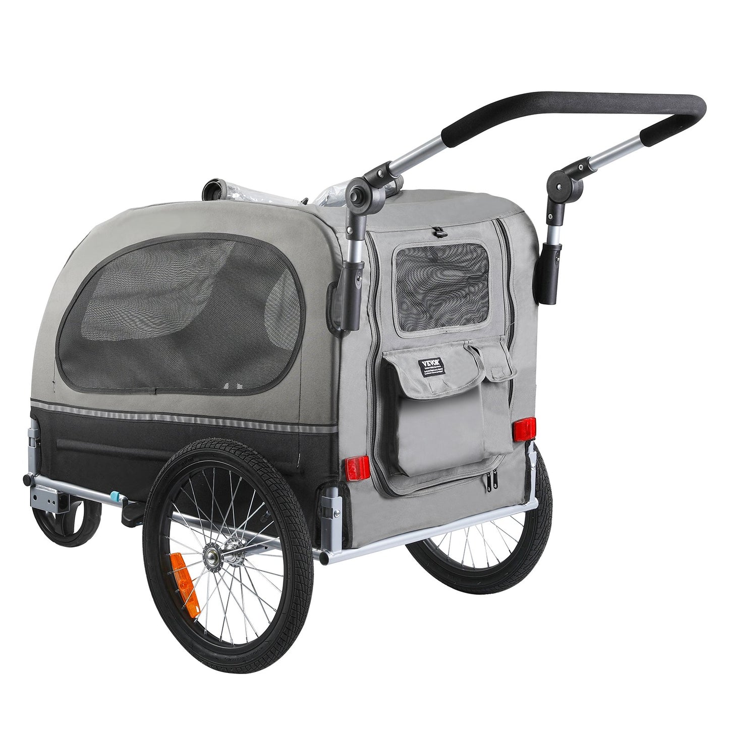 Hundcykelvagn, Stöder upp till 88 lbs, 2-i-1 Pet Stroller Cart Cykelhållare, Enkel hopfällbar vagnram med snabbkopplingshjul, Universal Cykelkoppling, Reflexer, Flagga, Svart/Grå