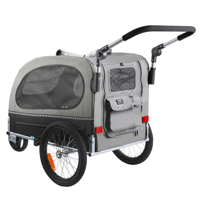 Hundcykelvagn, Stöder upp till 88 lbs, 2-i-1 Pet Stroller Cart Cykelhållare, Enkel hopfällbar vagnram med snabbkopplingshjul, Universal Cykelkoppling, Reflexer, Flagga, Svart/Grå