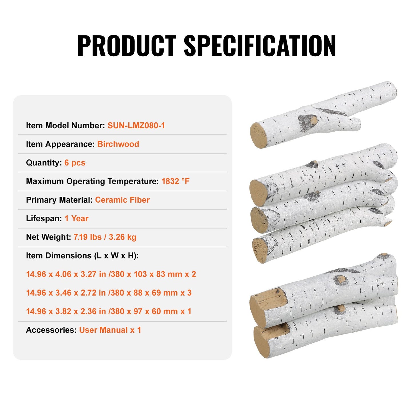 6 pcs Large with birch logs, gas fired ceramic firewood for fireplace, heat resistant firewood logs Gas realistic firewood, stackable firewood branches for gas fired stove, fire bowl indoor or outdoor