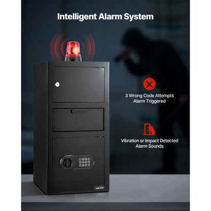 3,6 kubikfot kassaskåp, stor kapacitet med framstycke och digital knappsats, kraftigt 3-vånings kassaskåp med reservnycklar för kontanter, bankkvitto, smycken, dokument, sedlar, svart |  EU