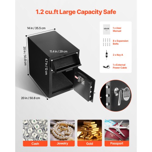 1,2 kubikfot kassaskåp, stor kapacitet med framstycke och digital knappsats, kraftigt kassaskåp med 2 våningar och reservnycklar för kontanter, bankkvitto, smycken, dokument, sedlar, svart |  EU