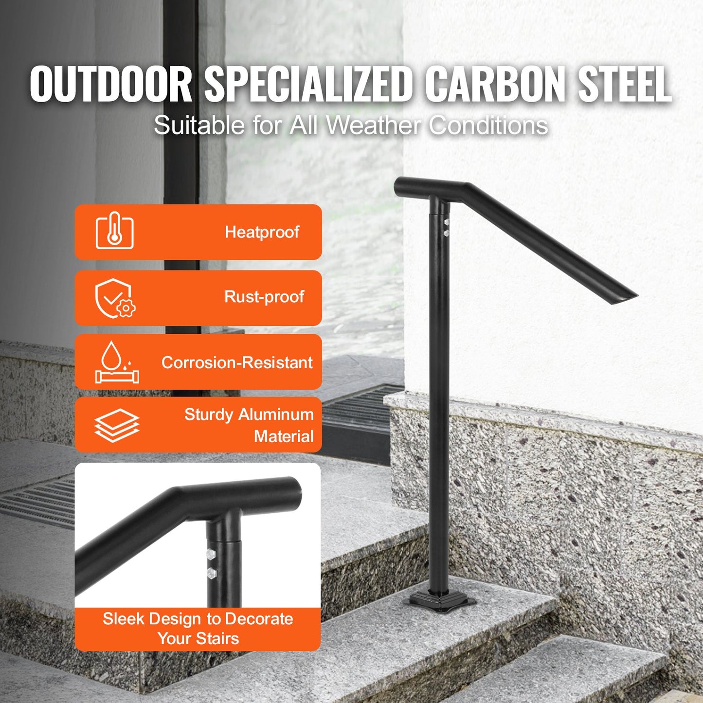 Handlauf, 1–3 Stufen, schwarzes Stahlgeländer für Stufen, 150 kg Tragkraft, Treppenhandlauf, rückseitig lackierter Metallhandlauf für Treppen, stilvolle Handläufe für Außenstufen mit Dehnschrauben und Bohrer