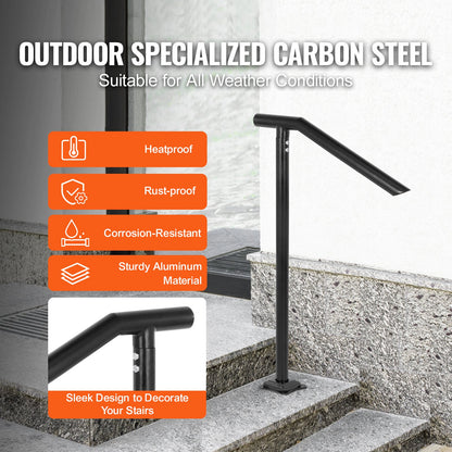 Handlauf, 1–3 Stufen, schwarzes Stahlgeländer für Stufen, 150 kg Tragkraft, Treppenhandlauf, rückseitig lackierter Metallhandlauf für Treppen, stilvolle Handläufe für Außenstufen mit Dehnschrauben und Bohrer