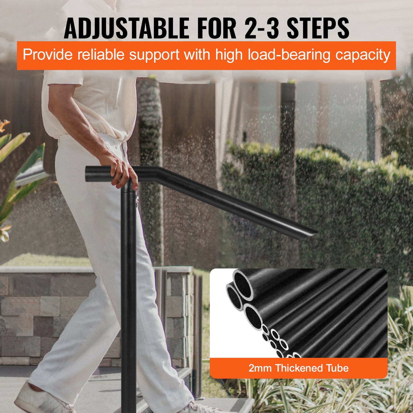 Handlauf, 1–3 Stufen, schwarzes Stahlgeländer für Stufen, 150 kg Tragkraft, Treppenhandlauf, rückseitig lackierter Metallhandlauf für Treppen, stilvolle Handläufe für Außenstufen mit Dehnschrauben und Bohrer