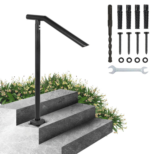 Handlauf, 1–3 Stufen, schwarzes Stahlgeländer für Stufen, 150 kg Tragkraft, Treppenhandlauf, rückseitig lackierter Metallhandlauf für Treppen, stilvolle Handläufe für Außenstufen mit Dehnschrauben und Bohrer