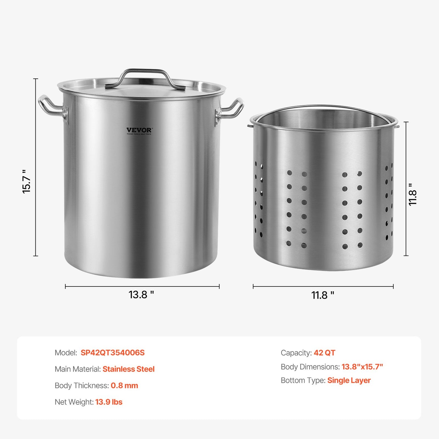 Stainless Steel Stockpot, 42 Quarts Large Cooking Pots, Cooking Pot Sauce Pot with Strainer, Lid and Handle, Heavy Duty Commercial Grade Stock Pot, Grinding Finish, for Large Groups Events Silver