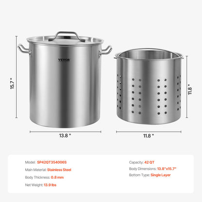 Stainless Steel Stockpot, 42 Quarts Large Cooking Pots, Cooking Pot Sauce Pot with Strainer, Lid and Handle, Heavy Duty Commercial Grade Stock Pot, Grinding Finish, for Large Groups Events Silver