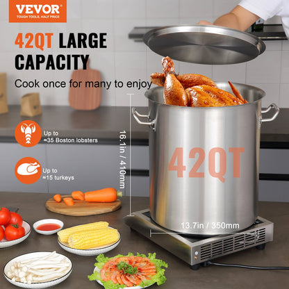 Stainless Steel Stockpot, 42 Quart Large Cooking Pot, Multi-Purpose Sauce Pot with Lid and Handle, Heavy Duty Commercial Grade Stock Pot, Grinding Finish, for Large Groups Events Silver