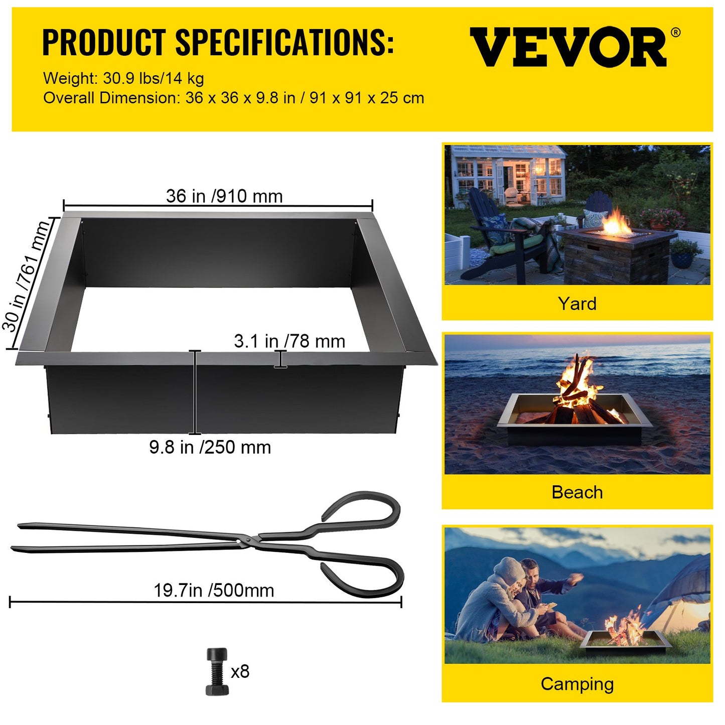Fire Pit Ring, 36-tums yttre/30-tums innerdiameter Fire Pit Insert, 1,5 mm tjocklek Brandring, DIY stålring med tång i marken Fire Pit Liner för utomhus, uteplats, bakgård