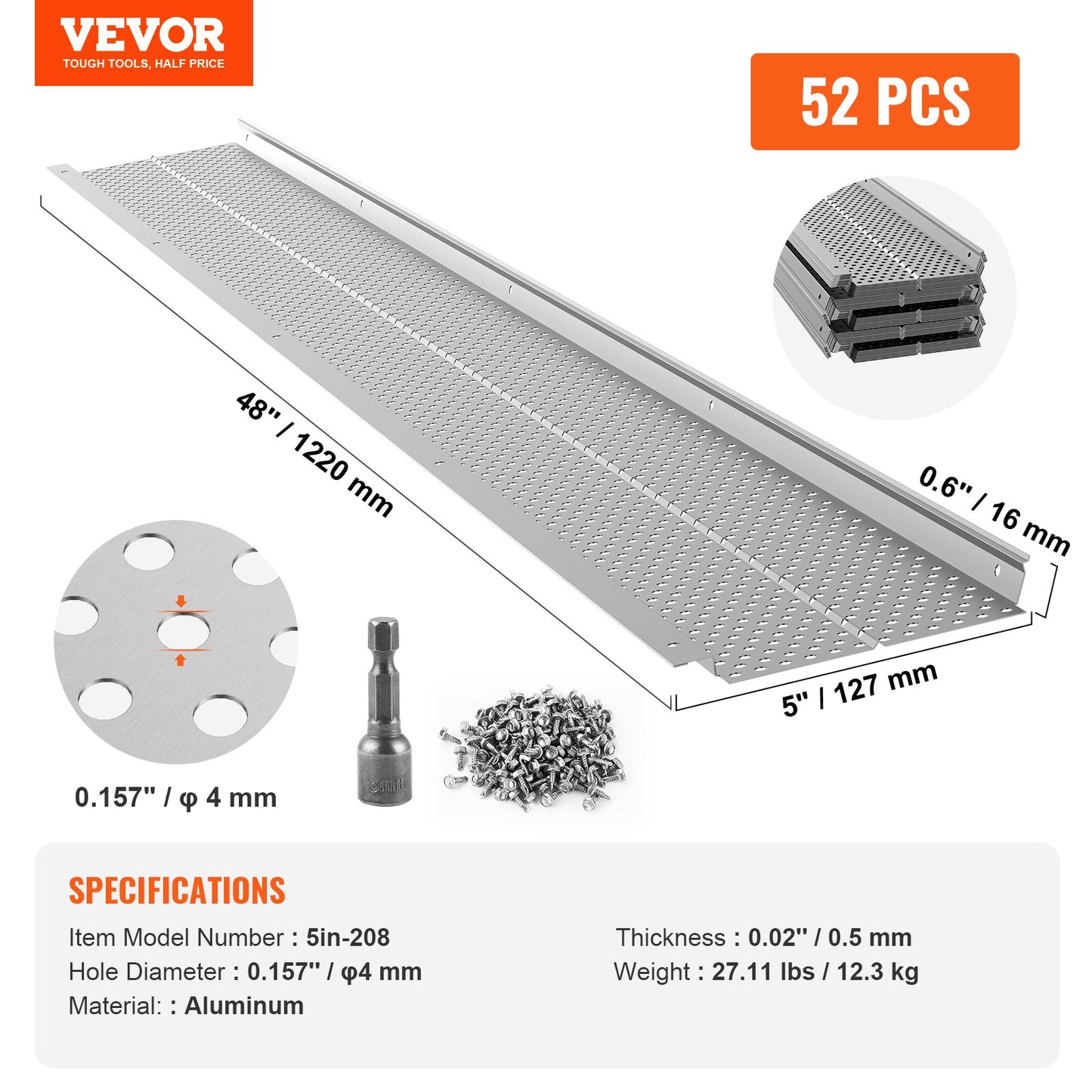Dachrinnenschutz, 5 Zoll Breite, Aluminium-Laubfilter, DIY-Dachrinnenschutz, 52 Stück, 208 Fuß Gesamtlänge, 0,157 Zoll Lochdurchmesser und 0,02 Zoll Dicke, Raptor-Dachrinnenschutz, passend für alle Dach- oder Dachrinnentypen