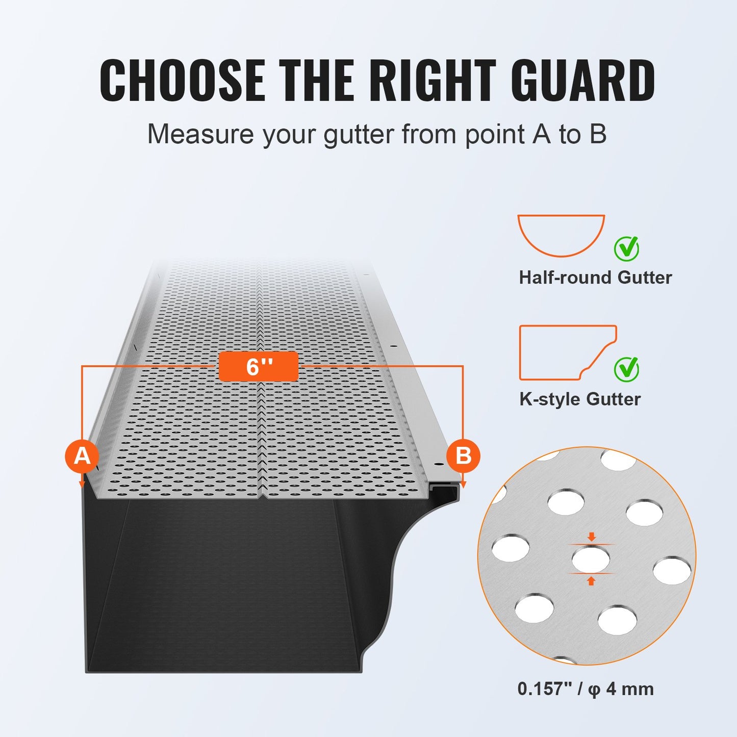 Gutter guard, 152 mm width, aluminum leaf filter Do-it-yourself gutter guard, 52 pcs 528 cm total length, 4 mm hole diameter and 0.5 mm thick Raptor gutter guards Fits all roof or gutter types