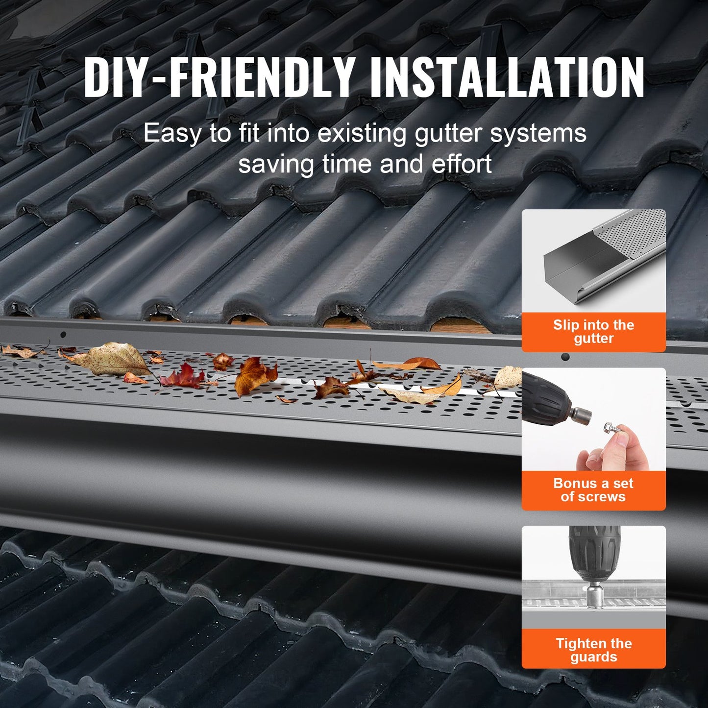 Gutter guard, 152 mm width, aluminum leaf filter Do-it-yourself gutter guard, 52 pcs 528 cm total length, 4 mm hole diameter and 0.5 mm thick Raptor gutter guards Fits all roof or gutter types