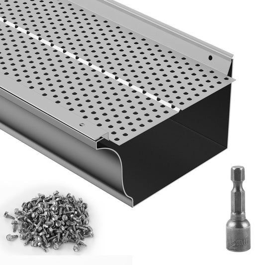 Gutter guard, 152 mm width, aluminum leaf filter Do-it-yourself gutter guard, 52 pcs 528 cm total length, 4 mm hole diameter and 0.5 mm thick Raptor gutter guards Fits all roof or gutter types