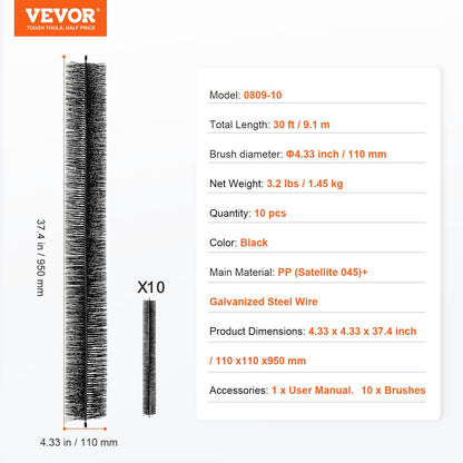 Rännborste, 30 fot total längd 4,33 tum diameter rännrengöringsverktyg, marknära rännborste Lövskydd för 5 tums rännor, enkelt rensa taklöv och skräp, 10-pack