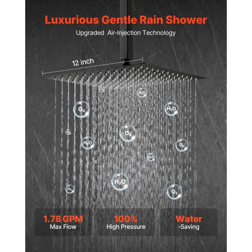 Duschblandare, Badrumsdusch med regndusch med 30,5 cm fyrkantigt regnduschmunstycke och handhållen spray, Takmonterade badkarsarmaturer med mässingsventil och lister, Mattsvart |  EU