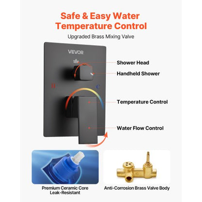 Duschblandare, Badrumsdusch med regndusch med 30,5 cm fyrkantigt regnduschmunstycke och handhållen spray, Takmonterade badkarsarmaturer med mässingsventil och lister, Mattsvart |  EU