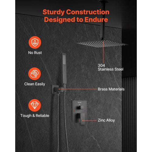 Duschblandare, Badrumsdusch med regndusch med 30,5 cm fyrkantigt regnduschmunstycke och handhållen spray, Takmonterade badkarsarmaturer med mässingsventil och lister, Mattsvart |  EU