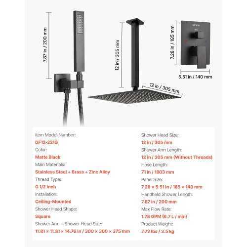 Duschblandare, Badrumsdusch med regndusch med 30,5 cm fyrkantigt regnduschmunstycke och handhållen spray, Takmonterade badkarsarmaturer med mässingsventil och lister, Mattsvart |  EU