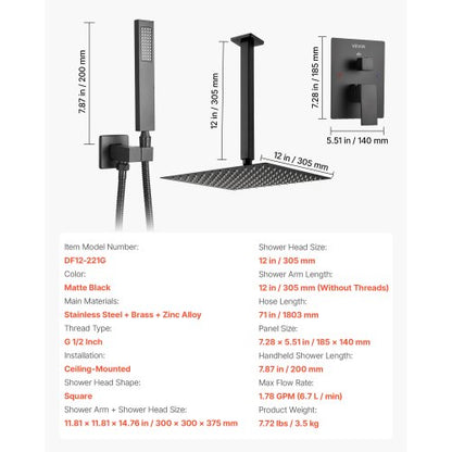 Duschblandare, Badrumsdusch med regndusch med 30,5 cm fyrkantigt regnduschmunstycke och handhållen spray, Takmonterade badkarsarmaturer med mässingsventil och lister, Mattsvart |  EU