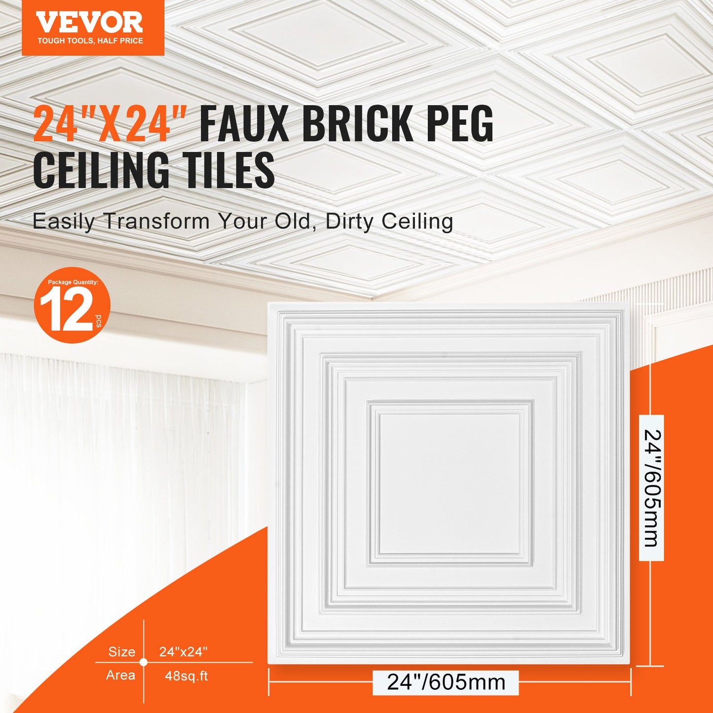 Ceiling tiles 12-pack 24 x 24 in PVC Easy installation White pin pattern