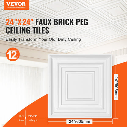 Ceiling tiles 12-pack 24 x 24 in PVC Easy installation White pin pattern