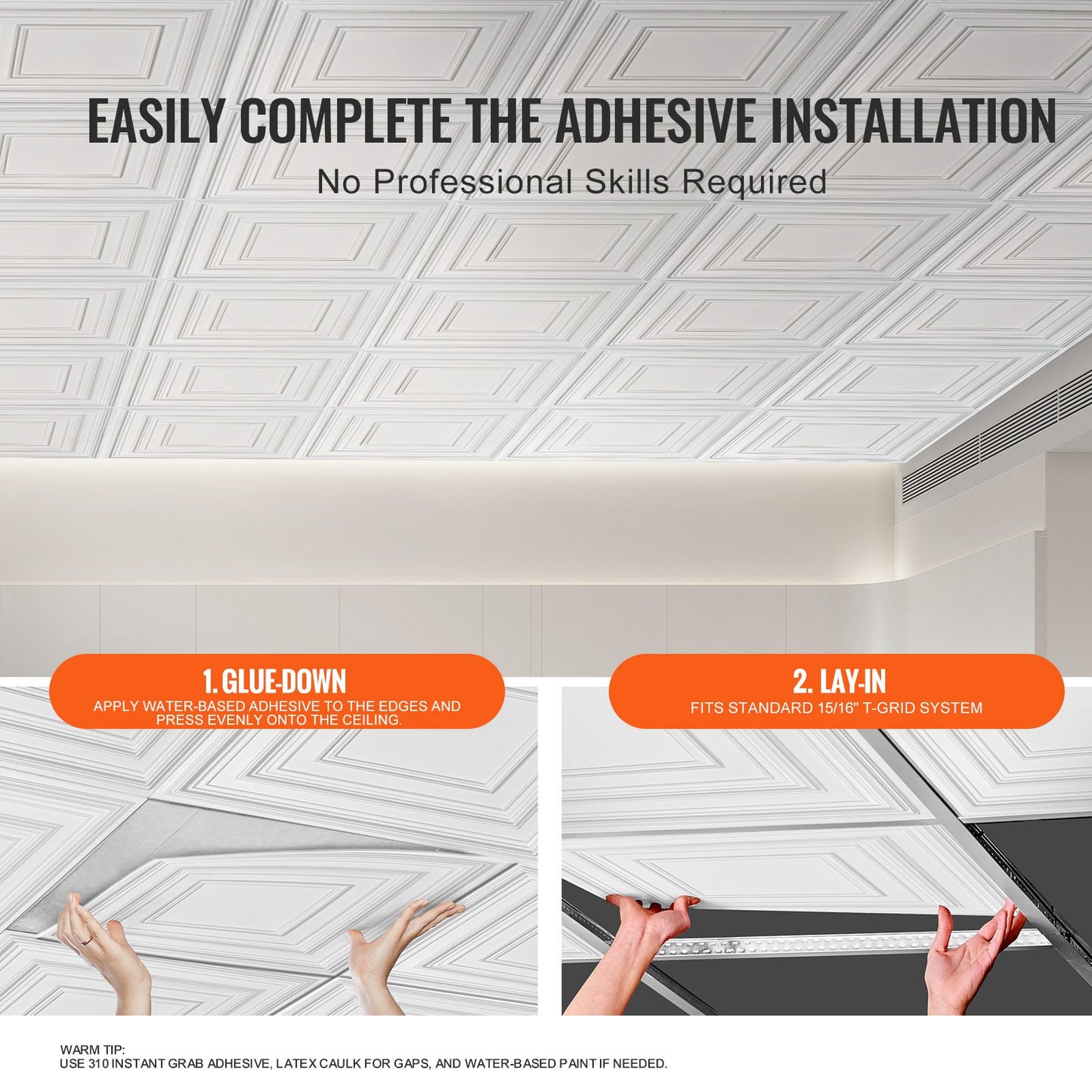 Ceiling tiles 12-pack 24 x 24 in PVC Easy installation White pin pattern