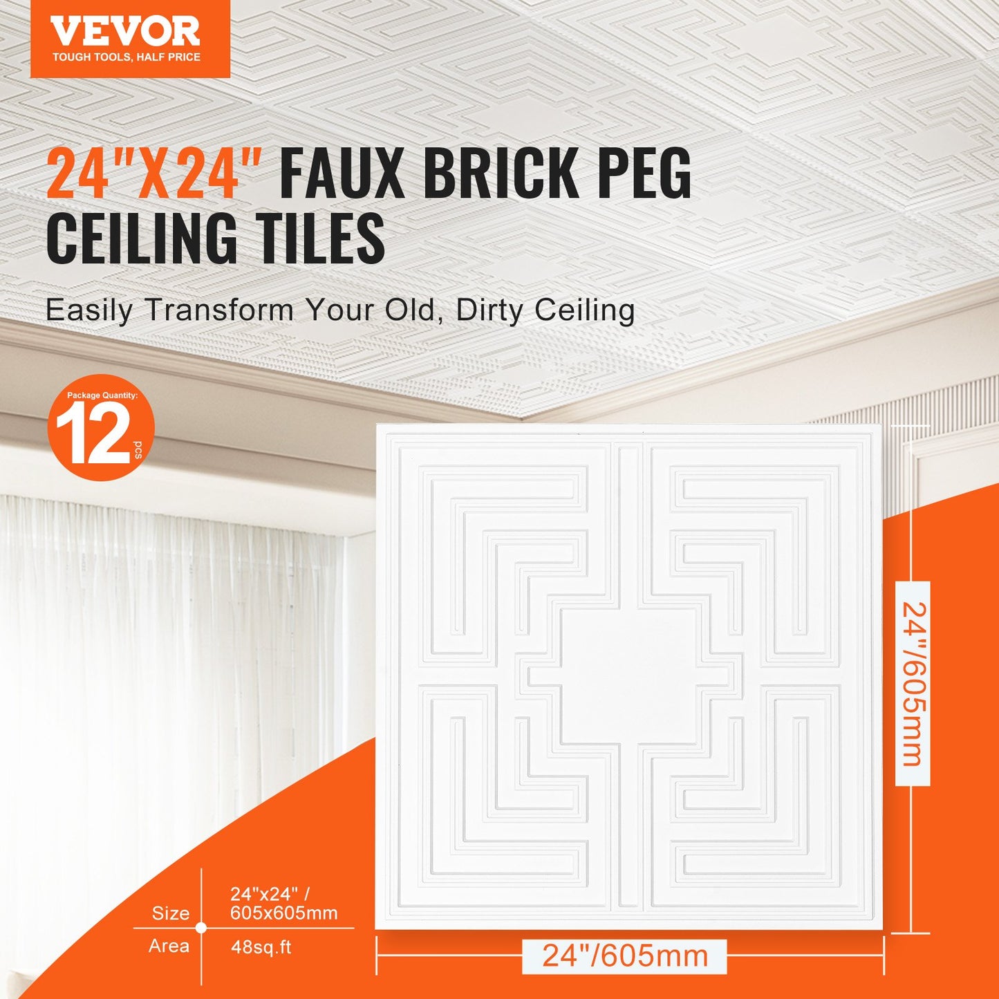 Takplattor 12-pack 24 x 24 i PVC Enkel installation Vit ekomönster