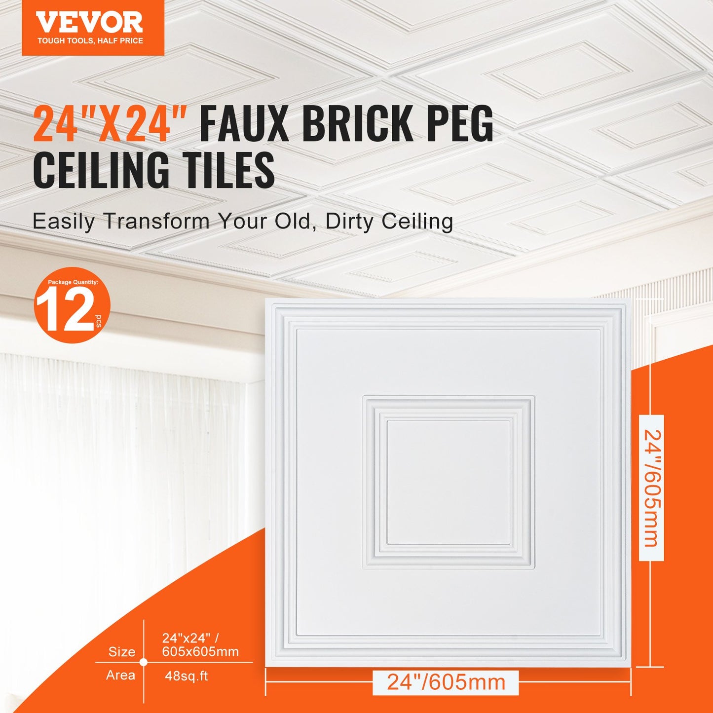 Takplattor 12-pack 24 x 24 i PVC Enkel installation Vit Geometrisk