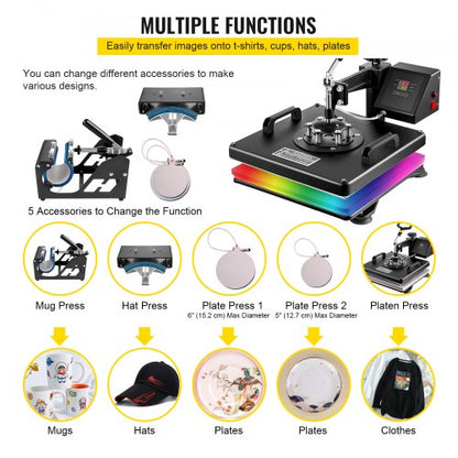 Heat Press 5 in 1 Heat Press Machine 38x38cm Heat Transfer Press 15x15Inch T-shirt Press Multifunctional Sublimation Machine for T-shirt Mug Hat Plate Transfer | EU
