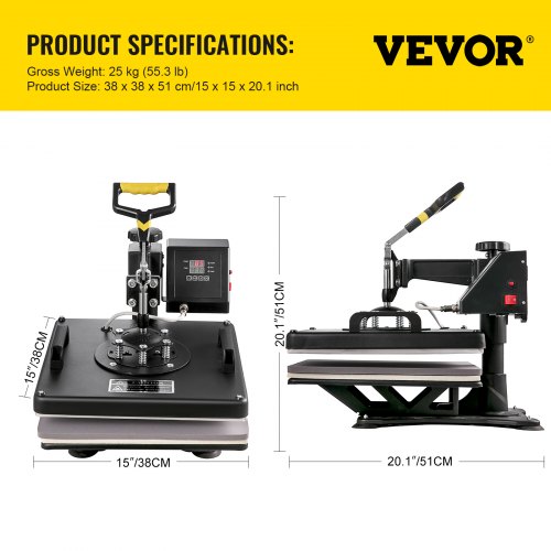 Heat Press 5 in 1 Heat Press Machine 38x38cm Heat Transfer Press 15x15Inch T-shirt Press Multifunctional Sublimation Machine for T-shirt Mug Hat Plate Transfer | EU