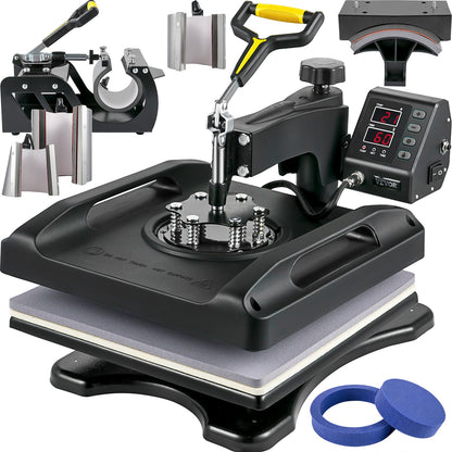 Heat Press Machine 15 x 15 Inch 8 In 1 Heat Press 1000W Sublimeringsmaskin 360° Rotation Swing Away Heat Press 8 In 1 Skjorta Tryckmaskin Dual-Tube Uppvärmning för DIY T-shirts Kepsmuggar (svart)