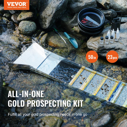Gold Panning Kit with Sluice Box, 50" Aluminum Gold Mining Equipment, 23 STS Gold Prospecting Kit with Gold Pan, Classifier Screen, Separations Magnet, Drawstring Backpack and Accessories