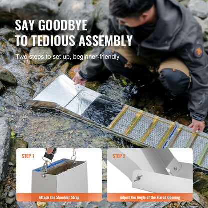 Gold Panning Kit with Sluice Box, 50" Aluminum Gold Mining Equipment, 23 STS Gold Prospecting Kit with Gold Pan, Classifier Screen, Separations Magnet, Drawstring Backpack and Accessories