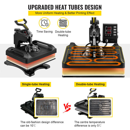 Wärmepresse 12 x 15 Zoll 6-in-1-Wärmepresse 360°-Drehung Schwenkbare Wärmepresse 1000-W-Sublimationsmaschine 6-in-1-Schwarzhemd-Druckmaschine Doppelrohrheizung für DIY-Tassen, Kappen, T-Shirts