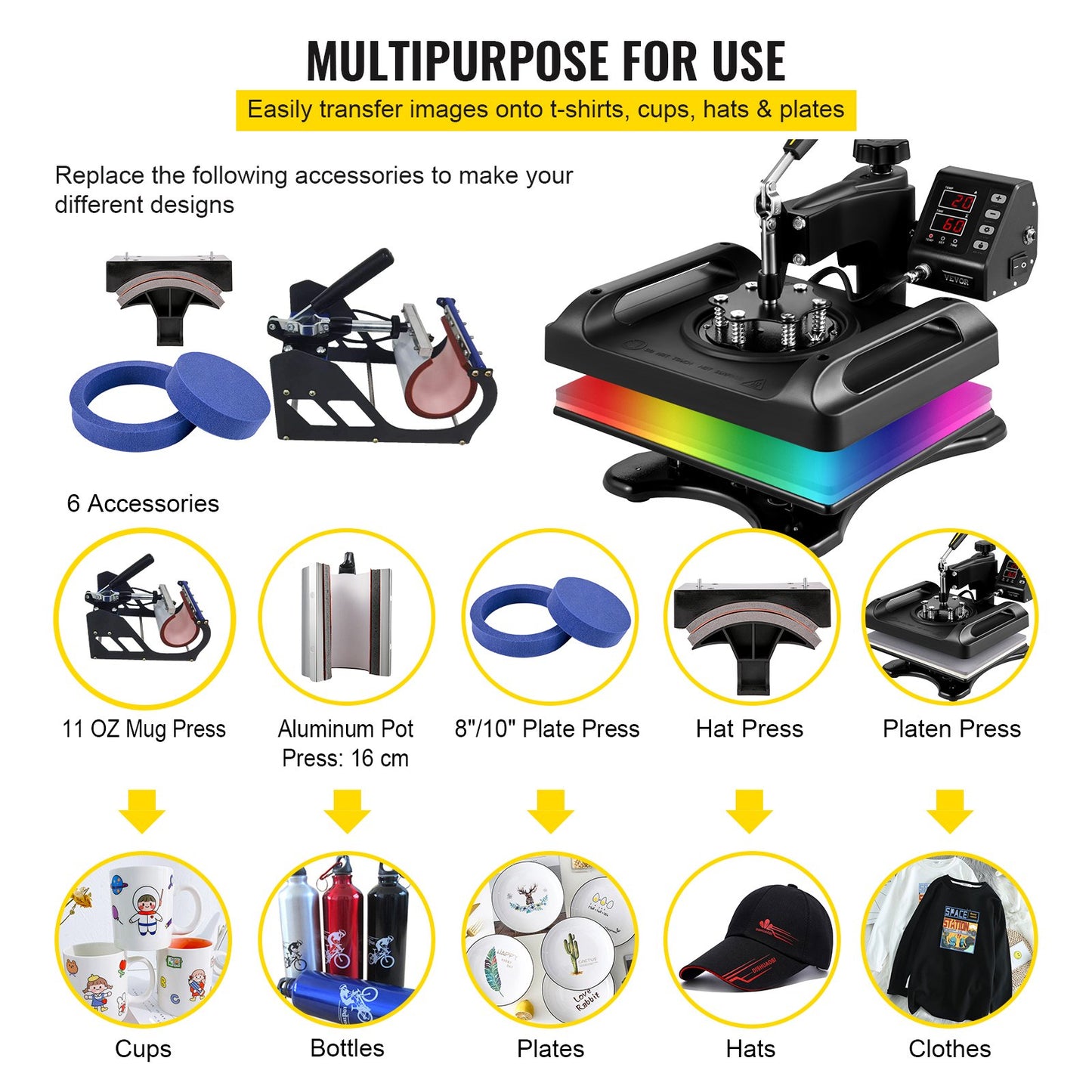 Wärmepresse 12 x 15 Zoll 6-in-1-Wärmepresse 360°-Drehung Schwenkbare Wärmepresse 1000-W-Sublimationsmaschine 6-in-1-Schwarzhemd-Druckmaschine Doppelrohrheizung für DIY-Tassen, Kappen, T-Shirts