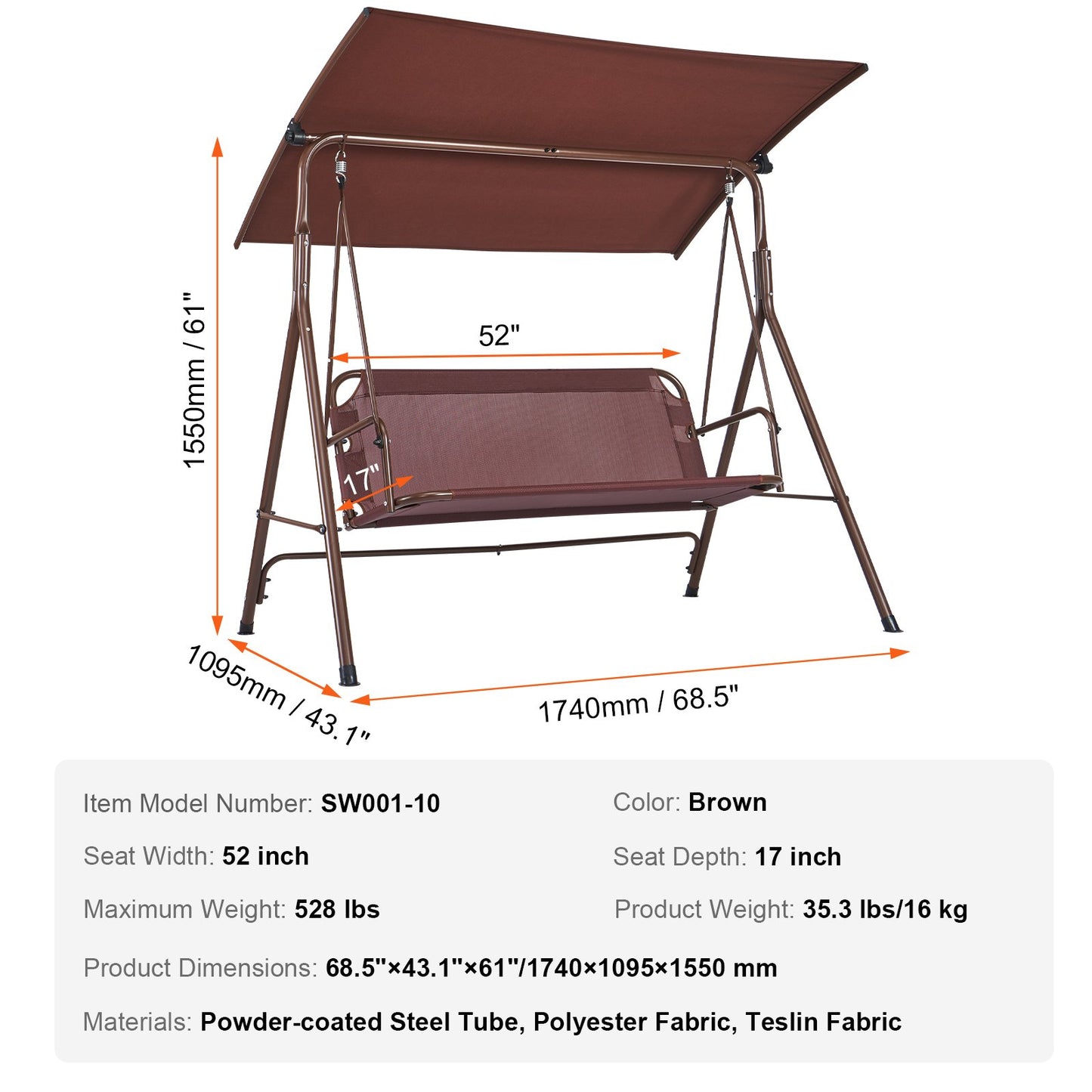 3-Personen-Terrassenschaukelstuhl, Terrassenschaukel mit verstellbarem Baldachin, Verandaschaukel mit Armlehne, Teslin-Stoff und Rahmen aus legiertem Stahl, für Balkon, Hinterhof, Terrasse, Garten, Poolrand, Braun