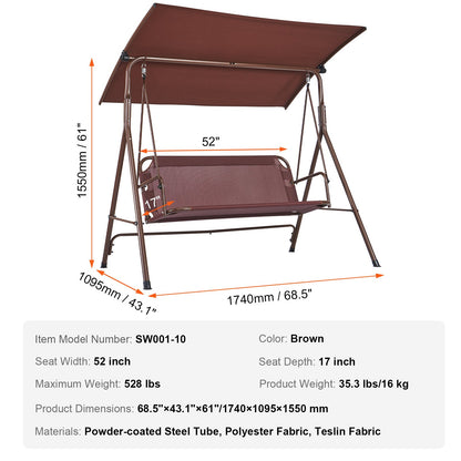 3-Personen-Terrassenschaukelstuhl, Terrassenschaukel mit verstellbarem Baldachin, Verandaschaukel mit Armlehne, Teslin-Stoff und Rahmen aus legiertem Stahl, für Balkon, Hinterhof, Terrasse, Garten, Poolrand, Braun
