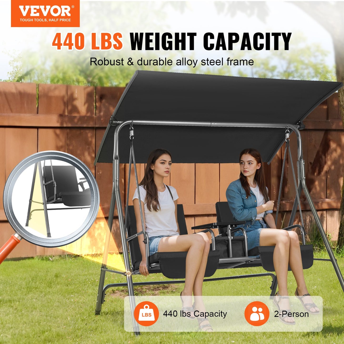 2-seater patio swing chair Patio swing with adjustable canopy Black