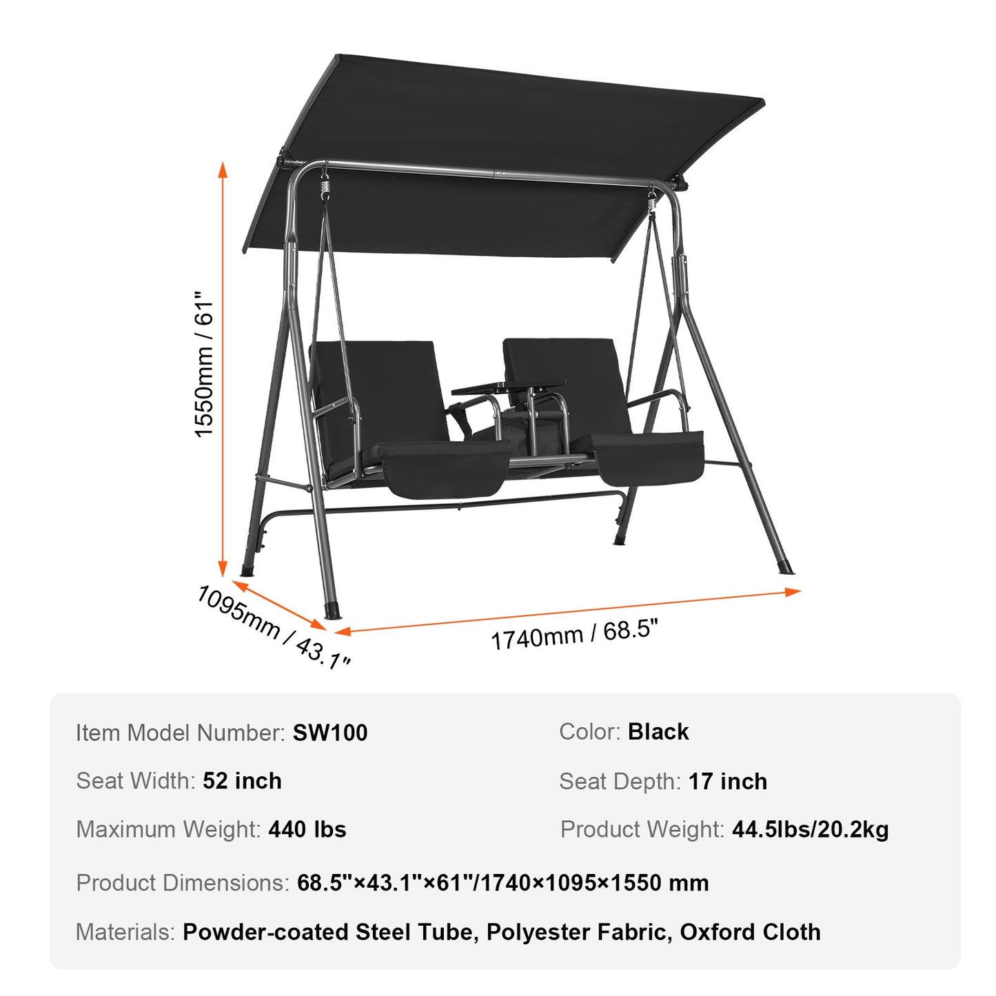 2-seater patio swing chair Patio swing with adjustable canopy Black