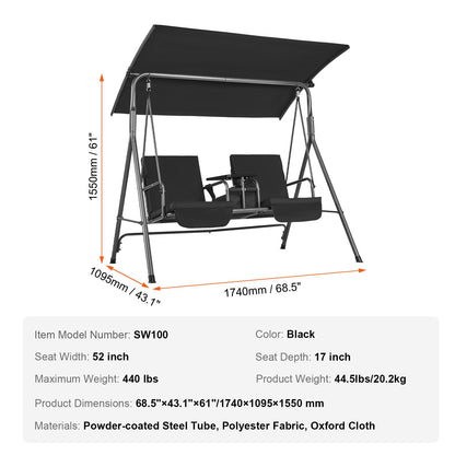 2-seater patio swing chair Patio swing with adjustable canopy Black