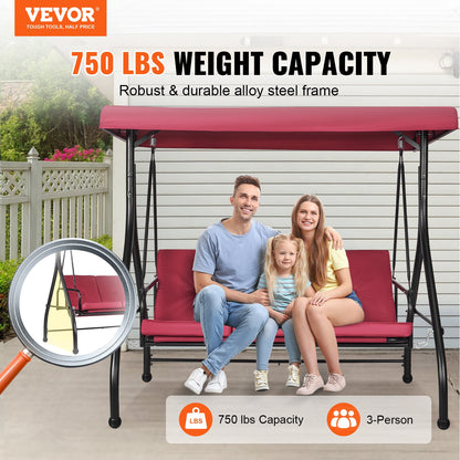 3-Seater Patio Rocking Chair, Converting Canopy Swing, Outdoor Patio Porch with Adjustable Canopy, Removable Thick Cushion and Alloy Steel Frame, for Balcony, Backyard, Poolside, Burgundy