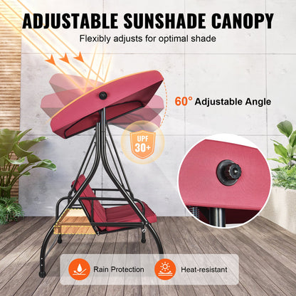 3-Seater Patio Rocking Chair, Converting Canopy Swing, Outdoor Patio Porch with Adjustable Canopy, Removable Thick Cushion and Alloy Steel Frame, for Balcony, Backyard, Poolside, Burgundy