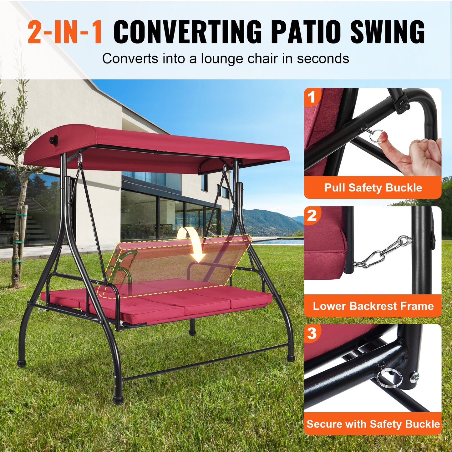 3-Seater Patio Rocking Chair, Converting Canopy Swing, Outdoor Patio Porch with Adjustable Canopy, Removable Thick Cushion and Alloy Steel Frame, for Balcony, Backyard, Poolside, Burgundy