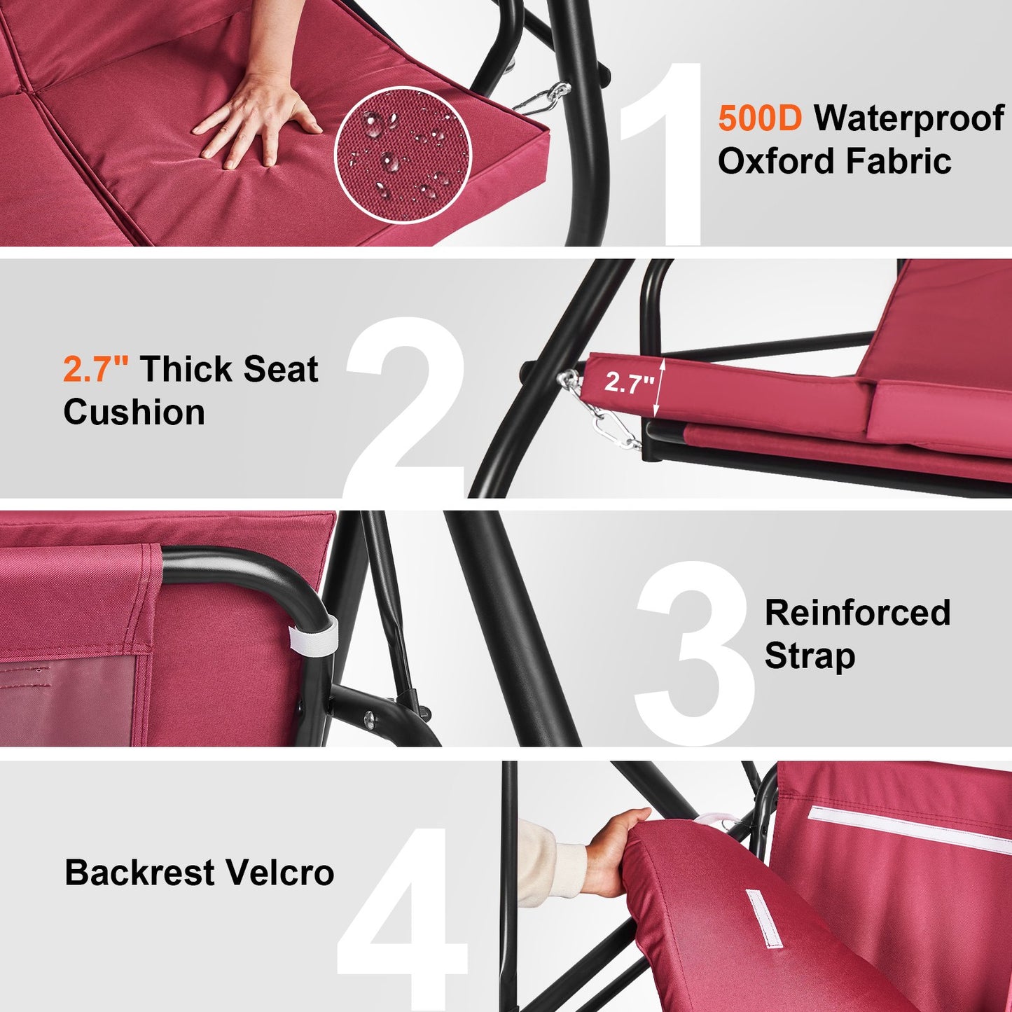 3-Seater Patio Rocking Chair, Converting Canopy Swing, Outdoor Patio Porch with Adjustable Canopy, Removable Thick Cushion and Alloy Steel Frame, for Balcony, Backyard, Poolside, Burgundy