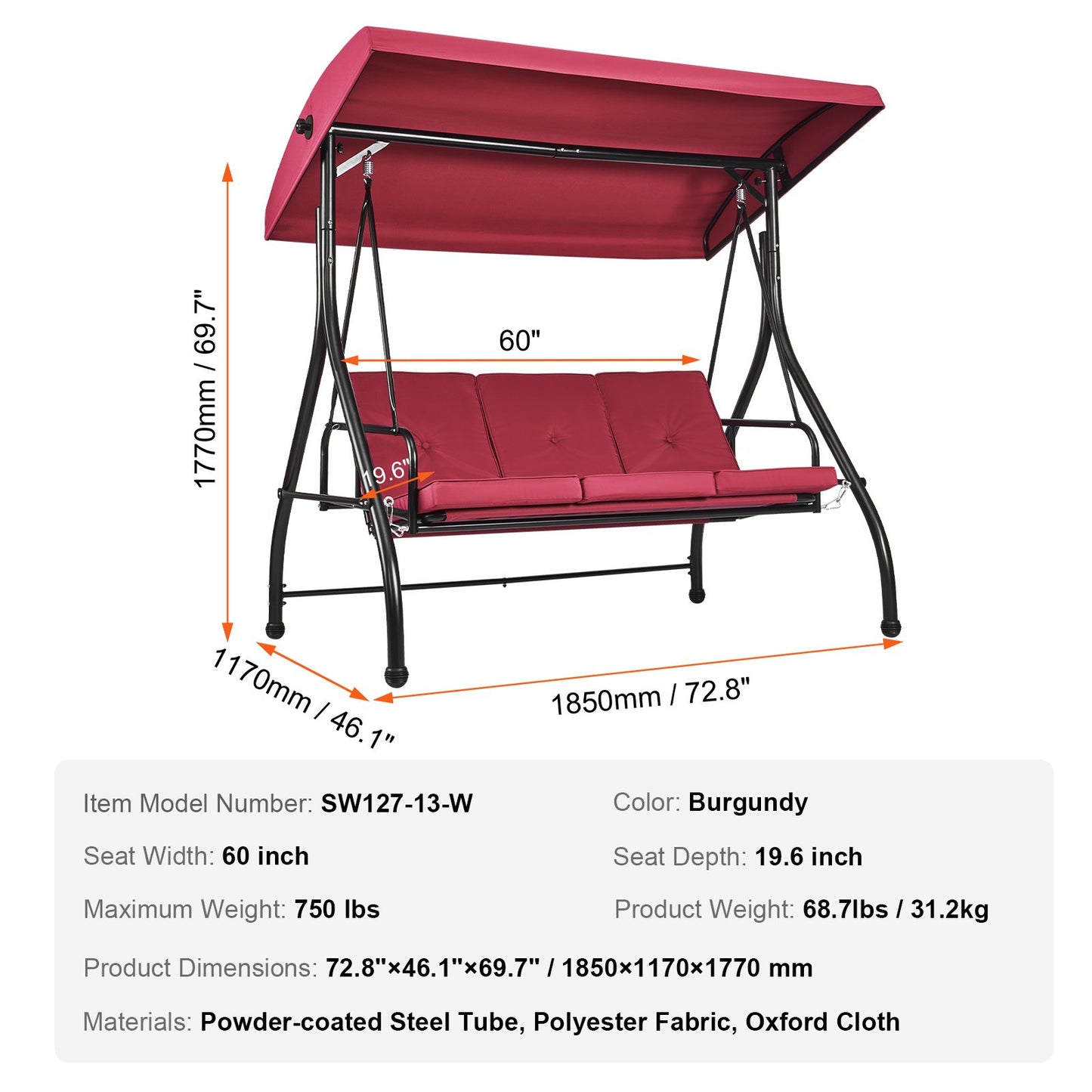 3-Seater Patio Rocking Chair, Converting Canopy Swing, Outdoor Patio Porch with Adjustable Canopy, Removable Thick Cushion and Alloy Steel Frame, for Balcony, Backyard, Poolside, Burgundy