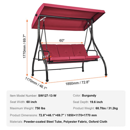 3-Seater Patio Rocking Chair, Converting Canopy Swing, Outdoor Patio Porch with Adjustable Canopy, Removable Thick Cushion and Alloy Steel Frame, for Balcony, Backyard, Poolside, Burgundy