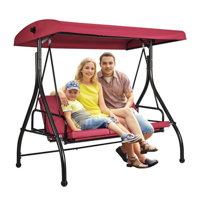 3-Seater Patio Rocking Chair, Converting Canopy Swing, Outdoor Patio Porch with Adjustable Canopy, Removable Thick Cushion and Alloy Steel Frame, for Balcony, Backyard, Poolside, Burgundy