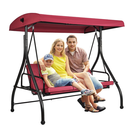 3-Seater Patio Rocking Chair, Converting Canopy Swing, Outdoor Patio Porch with Adjustable Canopy, Removable Thick Cushion and Alloy Steel Frame, for Balcony, Backyard, Poolside, Burgundy